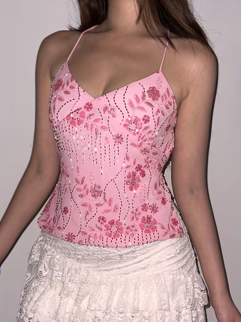 Broderet camisole-top med stropper til kvinder – rygfri og trendy top