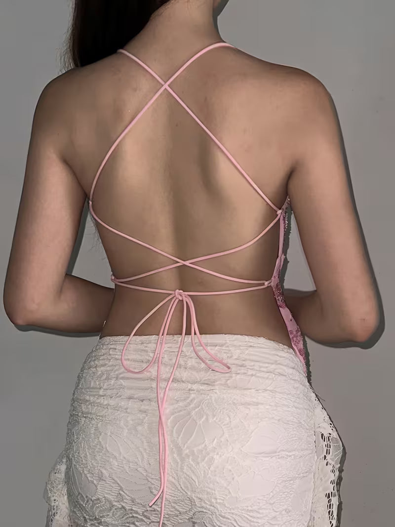 Broderet camisole-top med stropper til kvinder – rygfri og trendy top