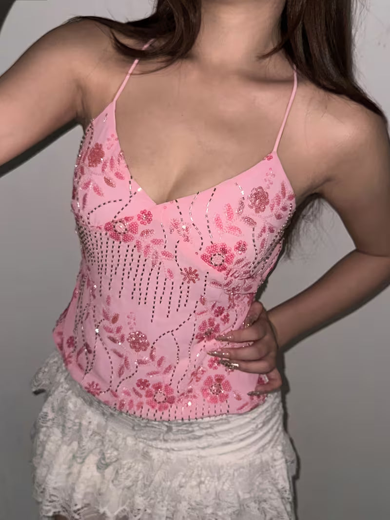 Broderet camisole-top med stropper til kvinder – rygfri og trendy top